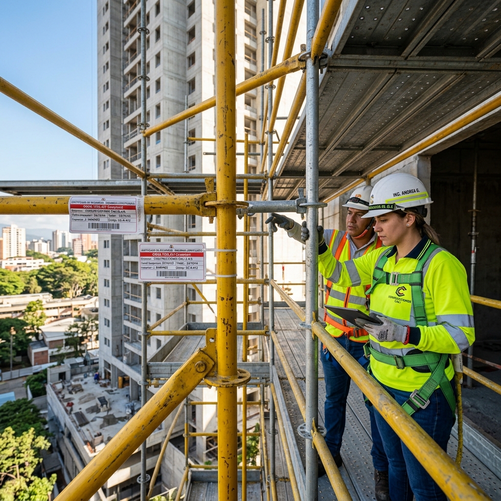Comparativa de seguridad entre andamios certificados y equipos no reglamentarios en una obra en Cali