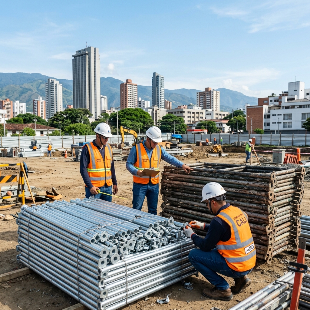Profesionales inspeccionando andamios nuevos y usados en una obra en Cali